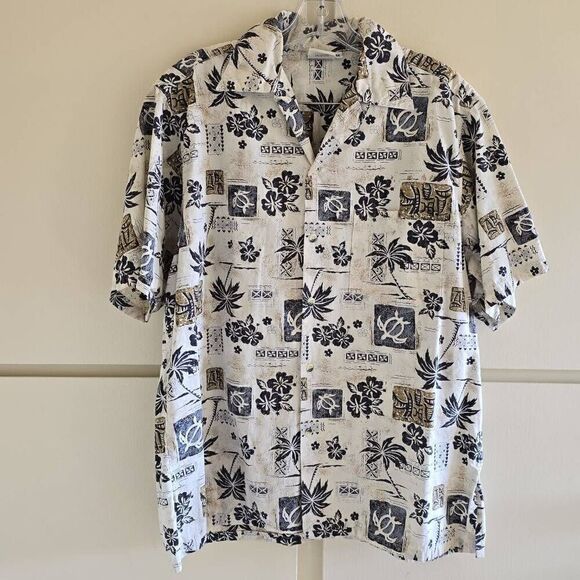 Go Barefoot Reverse Print Vintage Ivory/Black Hawaiian Shirt. Palm tree, hibiscu - Picture 1 of 9